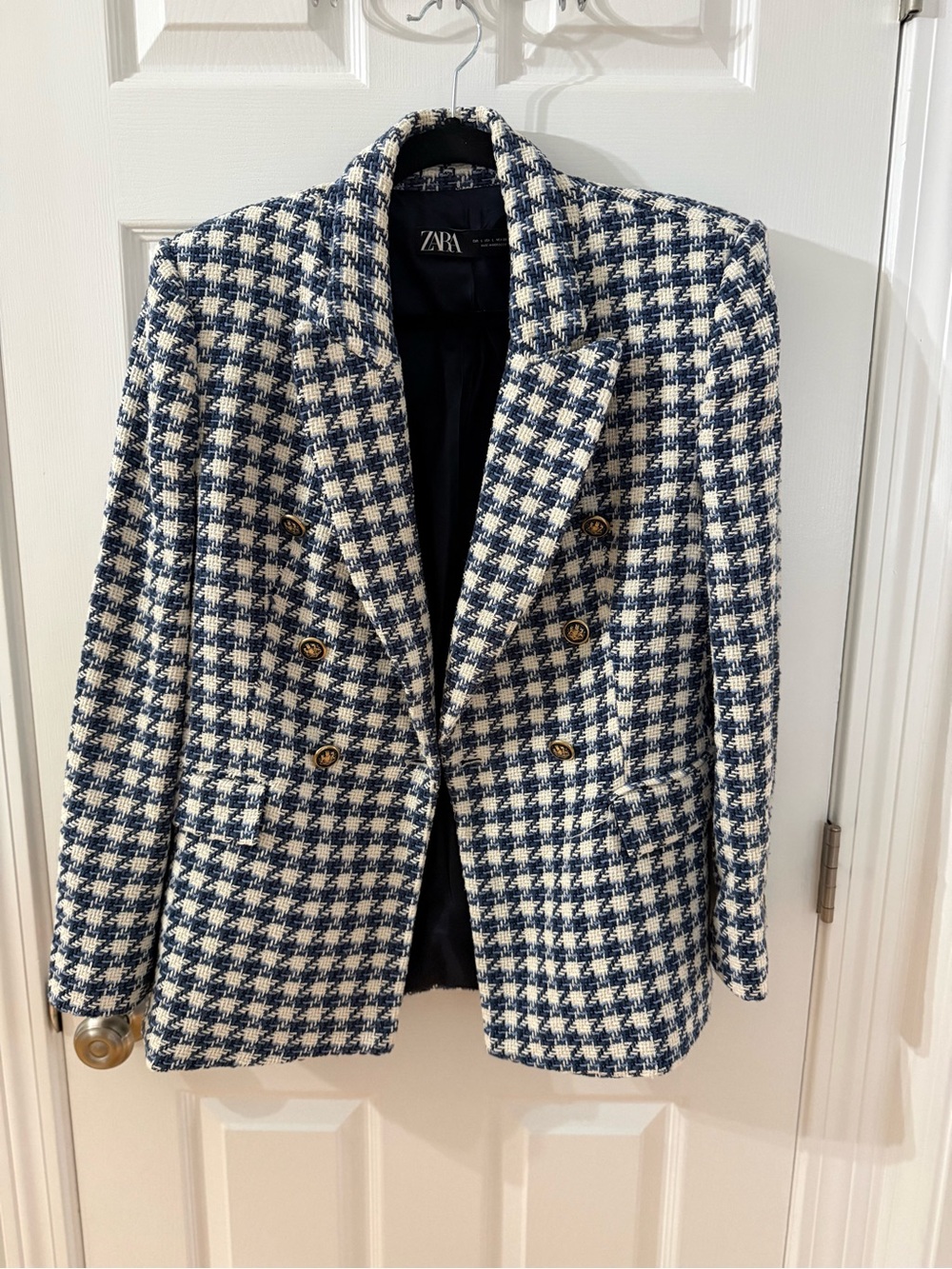 Zara Navy and White Houndstooth Double-Breasted Blazer